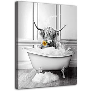 Yaoliyu Highland Cow Wall Art Farmhouse Bathroom Decor Black and White Canvas Prints Cow in Bathtub Picture Stretched and Framed Ready to Hang 16x20inch