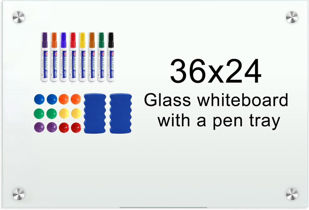 H-Qprobd Glass Whiteboard 36"x24" Magnetic Dry Erase White Board for Wall, Includes 12 Magnets, 8 Markers and 2 Erasers (Glass 36"x24")