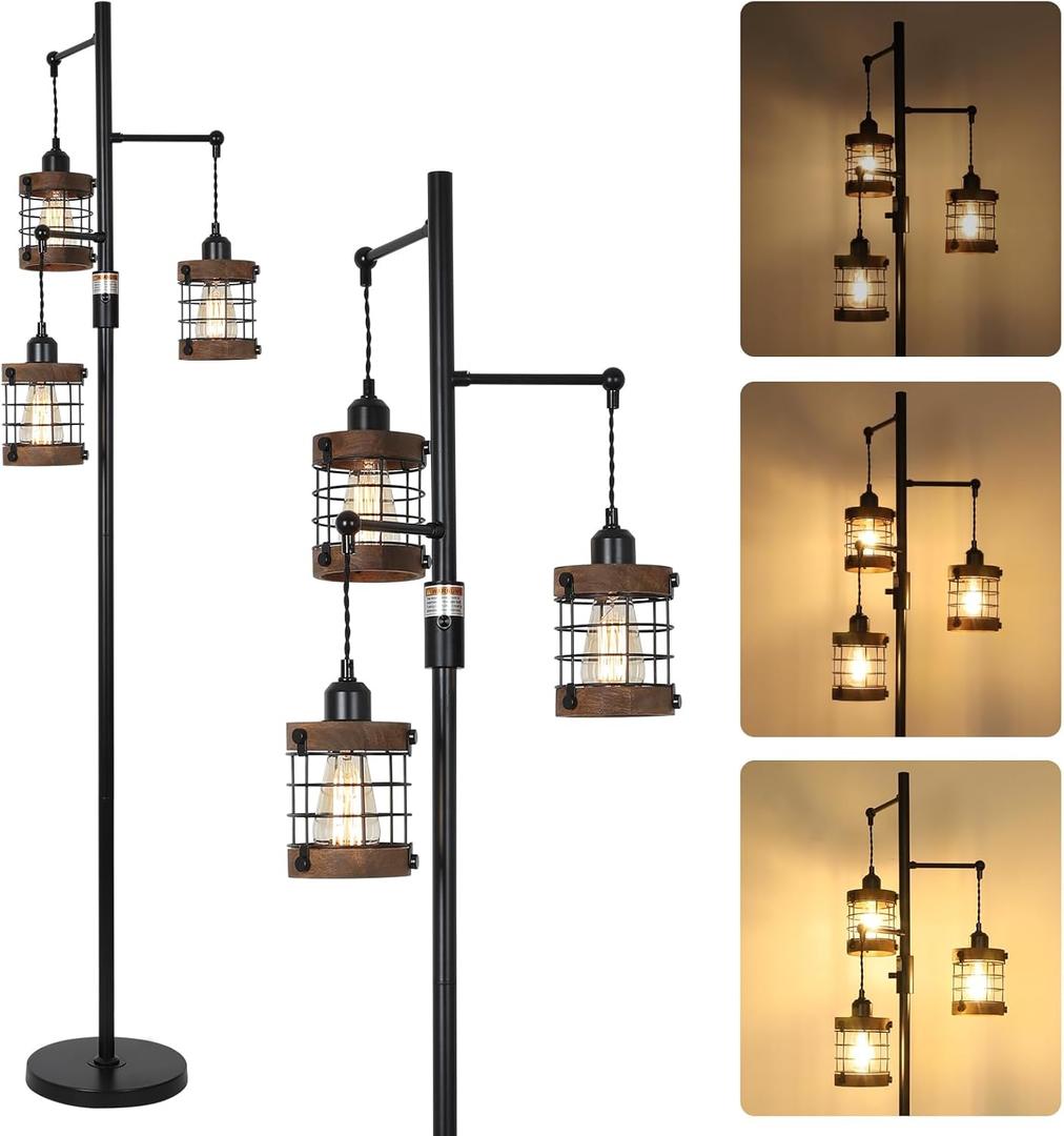 Airposta Dimmable Floor Lamps for Living Room, 3-Light Industrial Floor Lamp with Wood & Metal Cage, Farmhouse Standing Lamp Tall Tree Lamp for Bedroom Office, Rustic Black Tall Floor Lamp for Corner