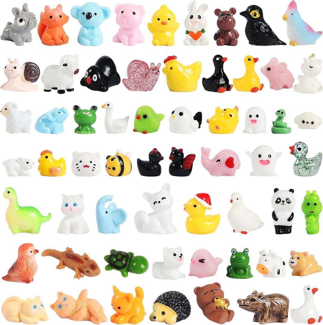 GliSun 60 Pcs Mini Resin Animals 60 Styles Tiny Animals Garden Decor Tiny Resin Miniature Figurines Bulk for Dollhouse Slime Charm Fairy Garden Hide Crafts Accessories