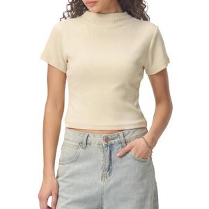 Wyeysyt Crop Tops for Women Mock Neck Ribbed Fitted T Shirts Short Sleeve Basic Tee Shirt (Beige, S)