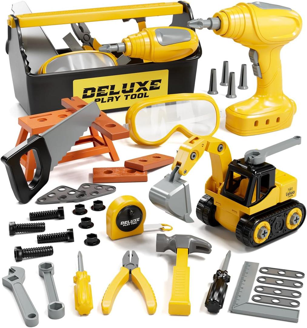 Lehoo Castle Kids Tool Set with Electric Toy Drill and Tool Box, Construction Toys for 3 Year Old Boys Birthday Gift, Pretend Play Toddler Tools for 3-5 Years Old, Yellow