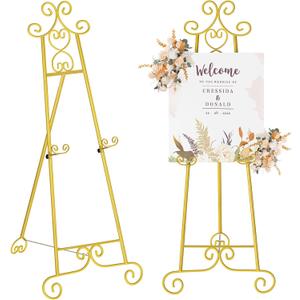 59IN Gold Easel Stand for Sign, 3 Tier Adjustable Larger Wedding Welcome Sign Holder, Art Poster Display Stand Free Standing with Chain, 1 Pack