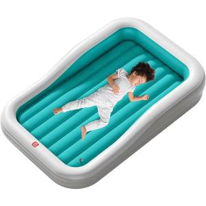 QPAU Inflatable Toddler Travel Bed with 3-Sided Safety Bumpers, Extra Large Kids Air Mattress, Includes Detachable Mattress, Portable for Camping, Travel, Home Use (Cyan)