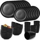 RVXHUA Reusable Plastic Dinnerware Sets, Unbreakable Wheat Straw Cups Plates and Bowls Set, Microwave and Dishwasher Safe Kitchen Dish Set for RV Camping Picnic Dorm (Black)