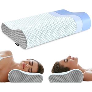 Memory Foam Pillows Neck Pillow Bed Pillow for Sleeping, Ergonomic Cervical Pillow for Neck and Shoulder Pain Relief,Orthopedic Contour Pillow for Side Back Stomach Sleeper(Blue&Grey)