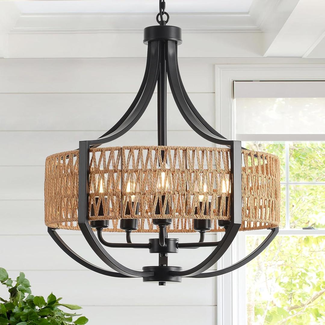 20" Rattan Farmhouse Chandelier Light Fixtures,5-Light Rustic Rattan Pendant Lighting with Woven Wicker Shade Boho Black Hanging Ceiling Light for Dining Room Living Room Kitchen Island Bedroom