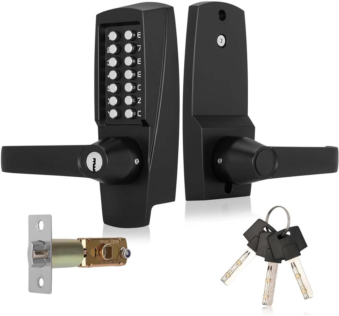 New Upgrade Mechanical Door Lock with Handle,Mechanical Push Button Lever Lock,Stainless Steel Mechanical Keyless Entry Door Lock with Key,Upgrade Adjustable Deadlatch 2-3/8'' and 2-3/4'' (Black)