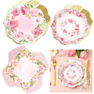 Tanlade 96 Pcs Pink Floral Plates and Napkins Serve 24, Disposable flower Paper Scalloped Dinner Plates 2 Ply Paper Napkins for Wedding Birthday Decorations Party Supplies