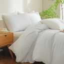 Striped Duvet Cover Set Queen Size 3 Pcs Breathable Durable 100% Washed Cotton Comforter Cover for All Seasons Chic Linen Like Textured Bedding Set (White Light Blue Pinstripes, Queen)