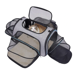 Siivton 4 Sides Expandable Pet Carrier, Airline Approved Soft-Sided Dog Cat Carrier Bag with Fleece Pad for Cats, Puppy and Small Animals (4 Extension Gray_Blue, L:18.0" L x 11.0" W x 11.0" H)