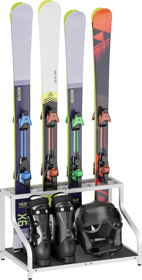 Ski Storage Rack for Garage  Freestanding Ski Holder for 4 Pair Skis, Boot, Helmet, Goggles, Indoor Snowboard Rack Organizer Stand for Home, Shed, Basement, White