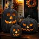 Halloween Decorations - Fall Decor - Black Handmade Terracotta Pumpkin Jack O' Lantern with Flameless Candle - Cute Farmhouse Table Centerpieces Decoration for Indoor Outdoor Front Porch