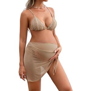 Verdusa Women's 3 Piece Maternity Bikini Sets Tie Backless Triangle Top and Thongs with Wrap Beach Skirt Swimsuit (Khaki), S