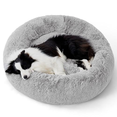 Bedsure Calming Dog Bed for Large Dogs - Donut Washable Large Pet Bed, 36 inches Anti-Slip Round Fluffy Plush Faux Fur Dog Bed, Fits up to 80 lbs Pets, Pale Grey