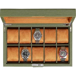 ROTHWELL 10 Slot Leather Watch Box - Luxury Case Display Jewelry Organizer - Locking Watch Display Case Holder with Large Glass Top - Box Organizer for Men and Women (Green/Tan)