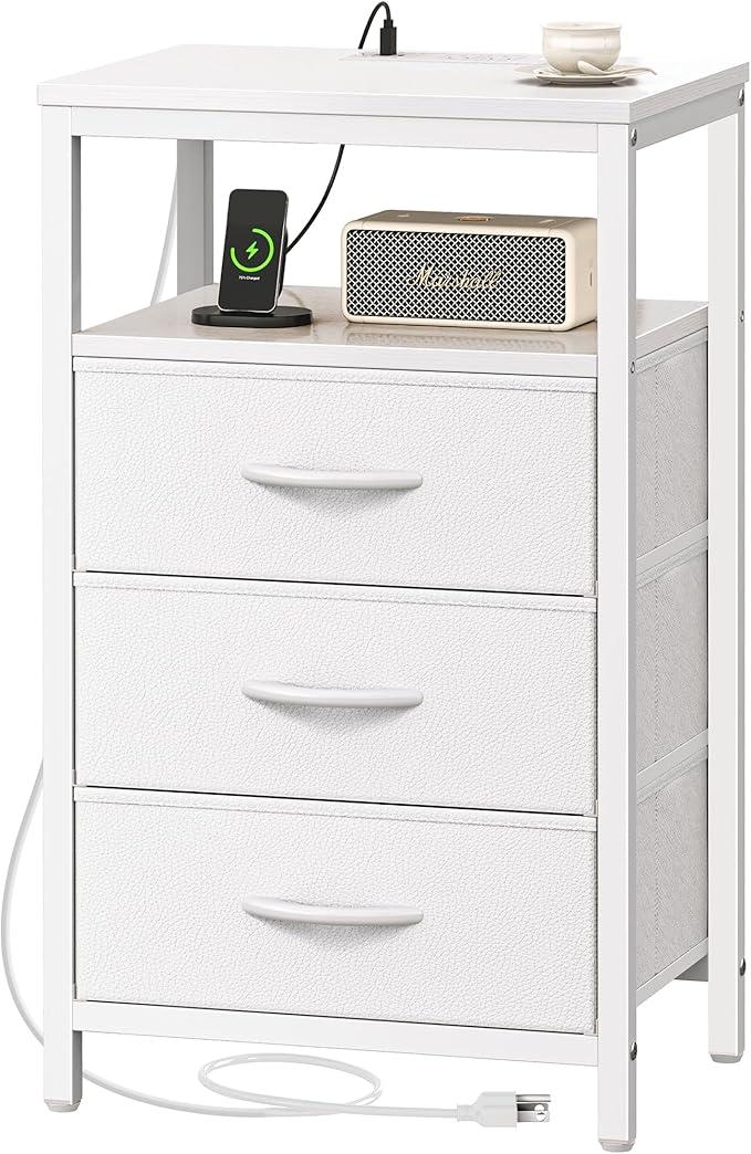 Huuger Nightstands Set of 2, 27.6 Inch End Tables with Charging Station, Bedside Tables with Drawers, PU Leather Finish, USB Port and Outlet, Night Stands for Bedroom, White