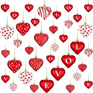 36 Pcs 2 Size 1.8/2.4 inch Valentines Day Heart Ornaments 8 Styles Heart Shaped Hanging Decoration for Tree Red Pink Silver Glitter Romantic Bauble for Wedding Party Supplies (Red)