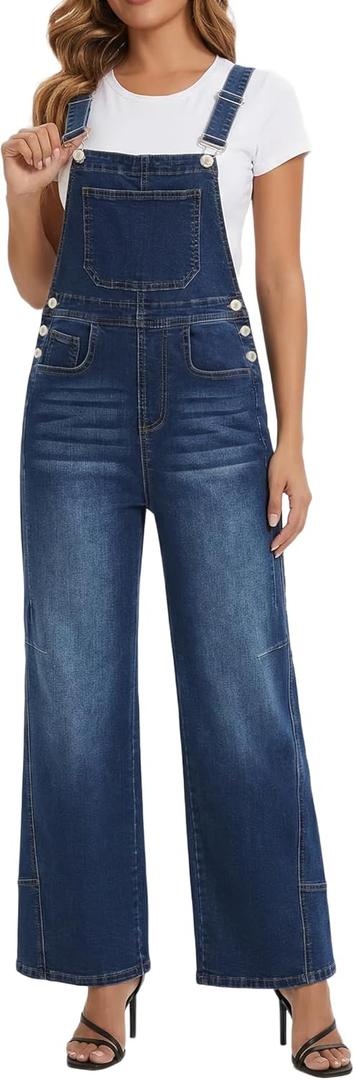 Women's Denim Overalls Loose Fit Baggy Overalls Wide Leg Barrel Jean with Pockets Adjustable Straps (Blue, XL)