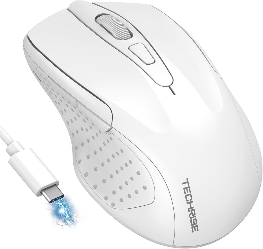TechRise Bluetooth Mouse (BT5.0/3.0 & 2.4G) Rechargeable Wireless Mouse 2.4GHz with USB A Receiver, 4800 DPI Optical Tracking, 6 Adjustable DPI, Quiet Clicks, 6 Buttons, Wide Compatibility - White