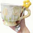 Large Ceramic Coffee Mug Yellow Cute Flower,with and Spoon,Flower Mugs with Handle,Floral Girly Mugs,Breakfast Milk Oatmeal Cup,Girl Gift,14oz/410ml (Yellow)