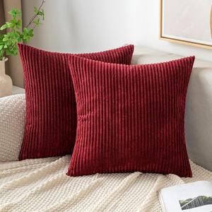 EMEMA Throw Pillow Covers Corduroy Decorative Soft Striped Square Cushion Covers Spring Pillowcases for Couch Sofa Bedroom Chair Car 18x18 Inch Pack of 2, Burgundy