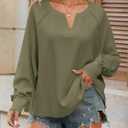 Fisoew Womens Oversized Long Sleeve Shirt Casual Waffle Knit Tunic Tops Lace Patchwork Pullover Sweatshirt (Green)