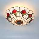 Tiffany Style Ceiling Light 16 Inch Stained Glass Flush Mount Ceiling Light for Bedroom Chandelier Vintage Pendent Light Fixtures (16 Inch White Red)