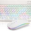 Ultra-Slim Lightweight Bluetooth Keyboard and Mouse Portable Mini Wireless Keyboard Rechargeable 7-Color Backlit for Apple iPad iPhone,Tablet iPhone Smartphone iOS Android Windows,Round Keys White