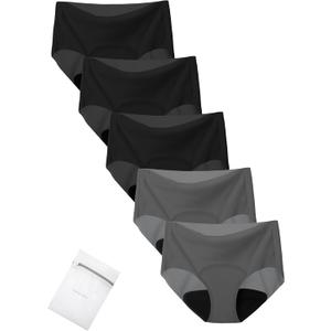 TIICHOO Womens Seamless Period Underwear Silky No VPL Leakproof Pants with Laundry Bag 5-Pack(3XL, 3 Black/2 Grey)