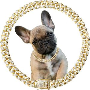 Gold Chain Collar for Dogs, Glitter Rhinestone Bling Sparkly Diamond Metal Cuban Link Dog Necklace for Small Medium Large Pet Dogs, 14 inch