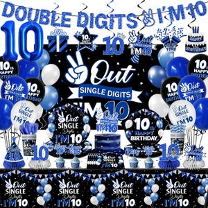 10th Birthday Decorations for Boys,152pcs 10 Year Old Birthday Decorations Double Digits Birthday Boy Plates and Napkins Cups Tablecloth,10th Birthday Cake Topper Honeycomb Hanging Swirl