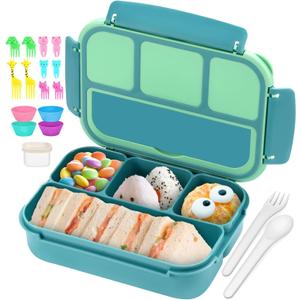 QQKO Bento Box for Kids Adults, School Toddler Lunch Box for Boys Girls, Lunch Box Containers with 4 Compartments, Sauce Container, Utensils, Food Picks and Muffin Cups for School, Green