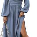 Floerns Women's Square Neck Lantern Long Sleeve Dress Split Ruched Party Midi Dresses Dusty Blue Large