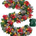 Timer 8 Mode - 9Ft by 10 Inch Prelit Christmas Garland with 50 Warm Lights, Thick 270 Snowy Tips 70 Red Berry 10 Pinecone Battery Operated Real Touch Cedar Xmas Garland Door Mantle Indoor Outdoor