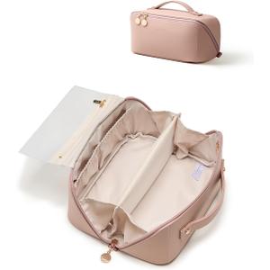 EACHY Travel Makeup Bag, Large Capacity Cosmetic Bag for Women, Waterproof PU Leather, Flat Open Portable Toiletry Bag for Skincare, Brushes & Travel Essentials (AS-Pink), Size Medium