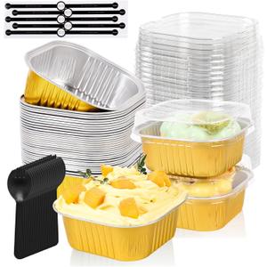 100 Pcs Mini Cake Pans with Lids, 5oz Square Aluminum Foil Brownie Baking Cups, Small Cake Tins with Lids, Disposable Ramekins, Mini Cake Containers For Wedding Birthday Party (Gold)