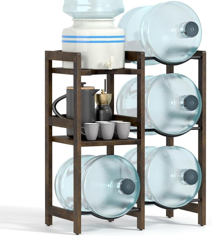 5 Gallon Water Jug Holder (Natural Solid Wood) 4 Water Bottle Holder Slots with 2-Layer Storage Shelves, 5 Gal Water Bottle Holder Storage Rack, Water Dispenser Stand for Home/Office/Garage Organizer (4Holder-2Shelf-Walnut Color)