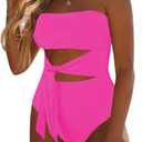 Viottiset Women's Bandeau One Piece Swimsuit Strapless Tie High Cut Out Bathing Suit (Medium, Hot Pink)