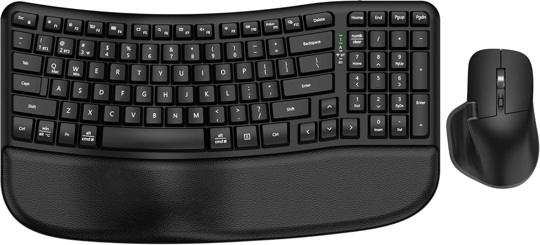 Ergonomic Keyboard and Mouse Combo, Bluetooth/2.4G Wireless Ergo Wave Curved Keyboard with Cushioned Palm Rest and 6 Levels DPI Adjustable Silent Mouse, Multi-Device for Windows/Mac/Android