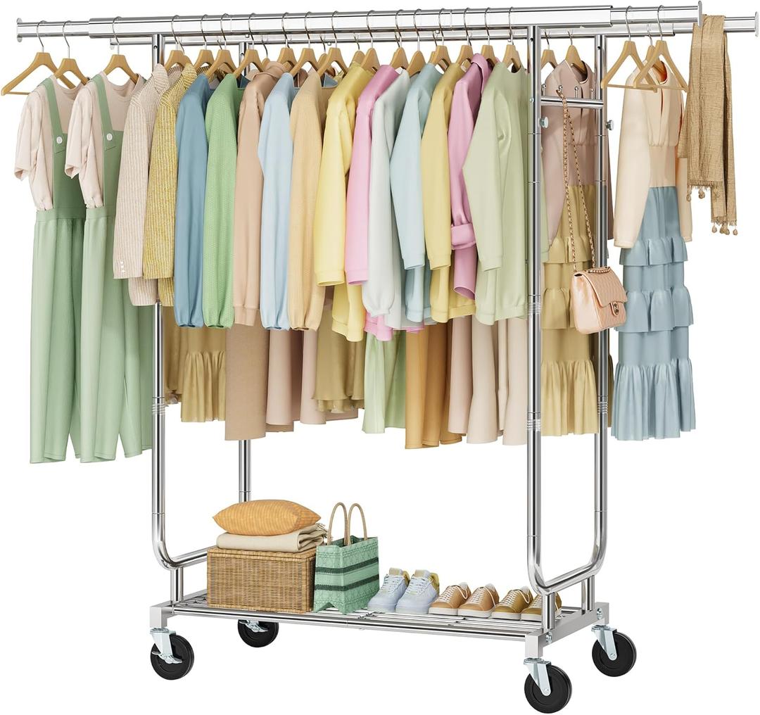 Heavy Duty Rolling Clothes Rack, 620 LBS Load Double Rod Adjustable Garment Rack with Storage Shelves & Lockable Wheels, Portable Clothing Rack for Hanging Clothes for Bedroom, Laundry Living Room