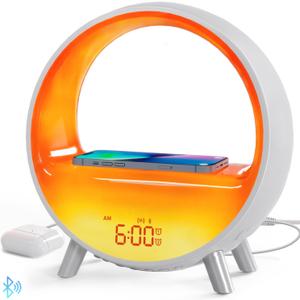 MOMILLA Sunrise Alarm Clocks with Bluetooth Speaker, White Noise Sound Machine with with Wireless Charging Station, 11 Lights Effects Night Light, Wake up Light Sunset Lamp Bedrooms for Adults Kids