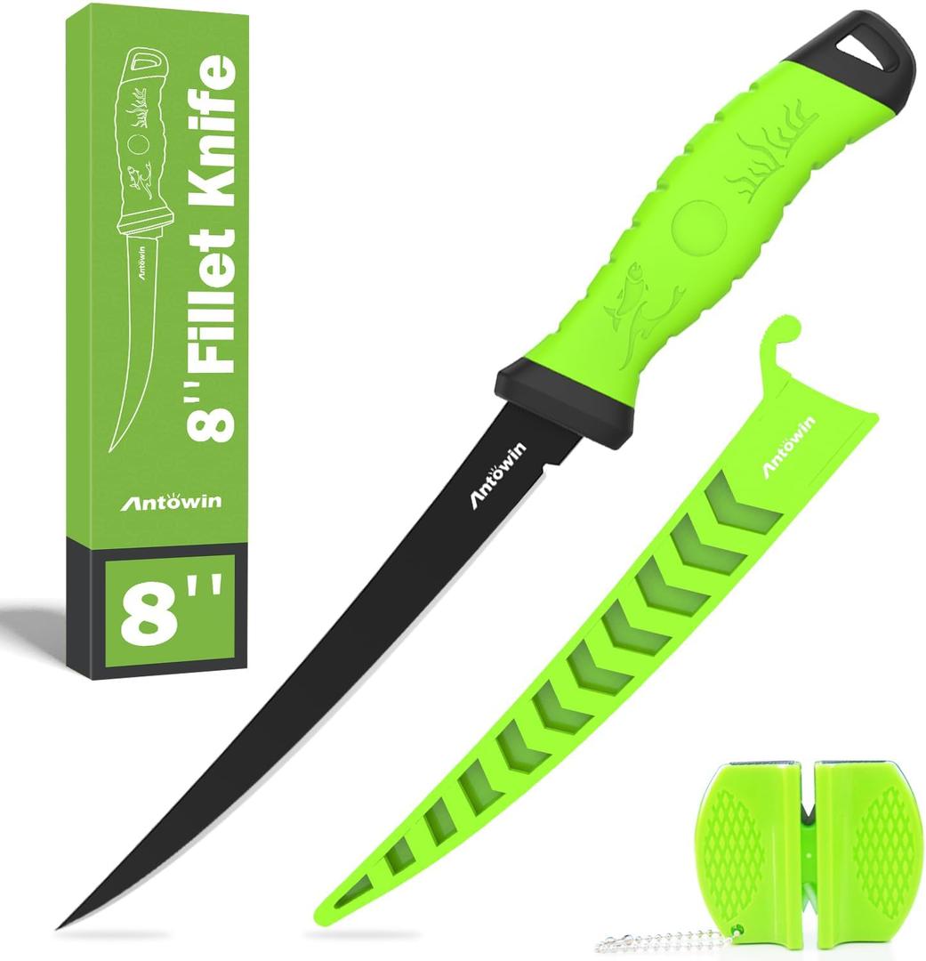 ANTOWIN 8 Inch Fishing Fillet Knife, Professional Level Knives for Filleting Fish and Boning Meat, Sharp Stainless-Steel Non-Stick Coating Blade, Non-Slip Handles, with 1 Two Stage Knife Sharpener (Green) ANTOWIN 8 Inch Fishing Fillet Knife, Professional Level Knives for Filleting Fish and Boning Meat, Sharp Stainless-Steel Non-Stick Coating Blade, Non-Slip Handles, with 1 Two Stage Knife Sharpener (Green)
