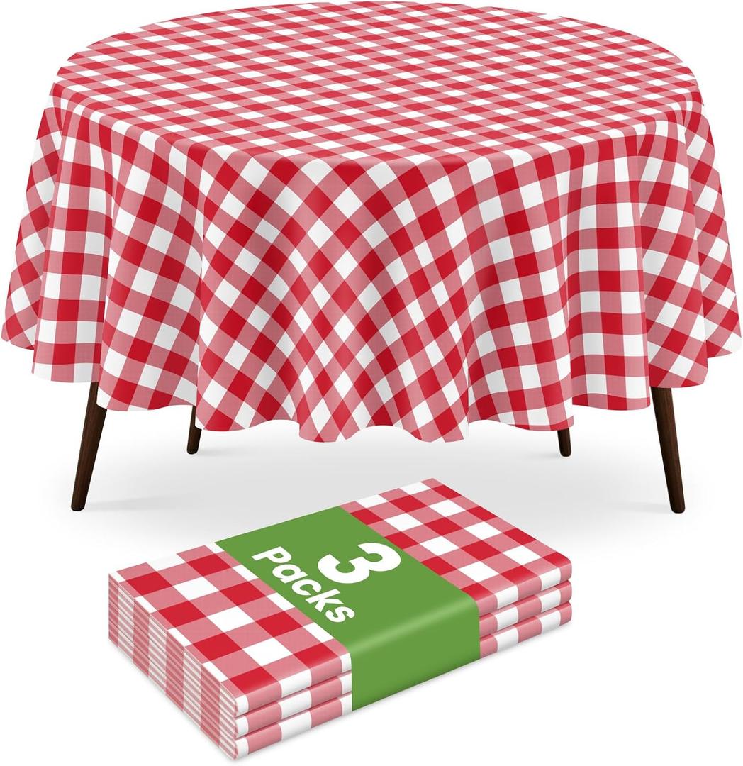 3 Pack Red and White Checkered Tablecloth, Round Christmas New Years Gingham Plastic Table Cloths for Parties Disposable, 84x84 in Waterproof Camping Tablecloth for Birthday Party Baby Shower Picnic