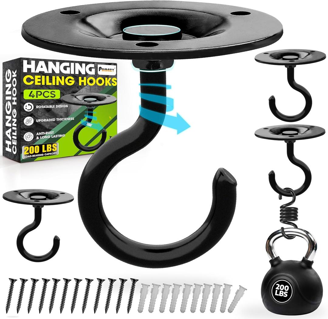 [UPGRADED] 200LBS 4Pcs Round Ceiling Hooks with Firmly Rotatable Button, Black Wall Mount Metal Hangers for Hanging Hanging Plants, Bird Feeder, Lantern, Lights, Wind Chime, Indoor Outdoor Decor