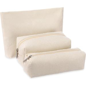 3 Pcs Makeup Bag Set for Women Corduroy Cosmetic Pouch Aesthetic Smile Travel Toiletry Bag Cute Purse Pouch Pencil Case Makeup Brushes Storage Organizer with Zipper(White,Solid Style)