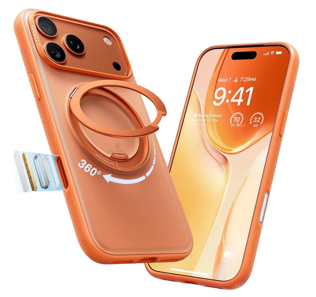 TORRAS 360 Magnetic Stand for iPhone 17 Pro Case, [Fit for MagSafe] [Rotatable Ring Kickstand] [4X MilGrade Shockproof] Slim Phone Cover, Camera Button, Cosmic Orange, Translucent, Ostand O3 Fitness