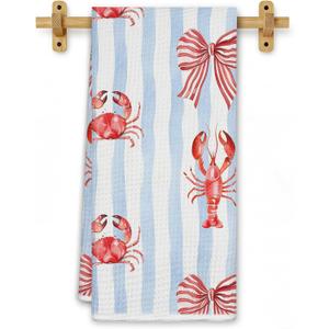 Red Lobster Crab Coastal Kitchen Towels, Preppy Beach Crawfish Dish Tea Towels for Kitchen Decor, Blue Striped Nautical Decorative Hand Towel for Bathroom, Seafood Boil Party Supplies, 16x24 Inch