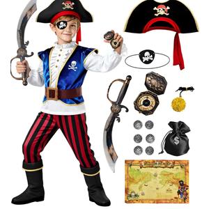Latocos 16pcs Kids Pirate Costume Toddler Boys Halloween Dress Up Costume with Medallion Pirate Hat Sword Compass Bag Coins 120