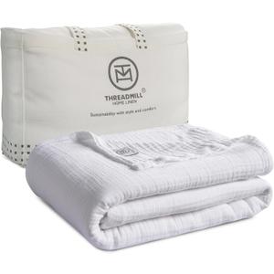 Threadmill Muslin Twin Blanket | Soft, Breathable and Lightweight Summer Blanket | 4-Layer Gauze for Kids and Adults | Twin Size | White